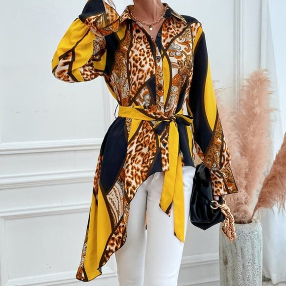 MODA ME COUTURE Tops - CONTEMPORARY Chic Asymmetric Hem Belted Blouse